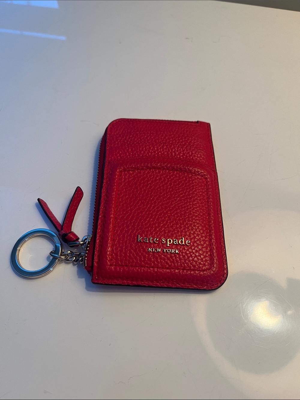 Kate Spade red pebbled leather zip card case with keyring